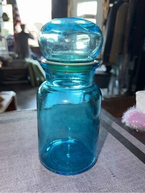 Vintage Blue Glass Apothecary Jar with Round Stopper